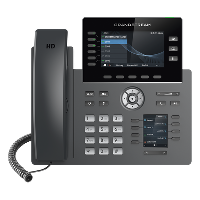Teléfono IP Wi-Fi, Grado Operador, 6 líneas SIP con 6 cuentas, pantalla a color 4.3″, puertos Gigabit, Bluetooth, PoE, codec Opus, IPV4/IPV6 con gestión en la nube GDMS