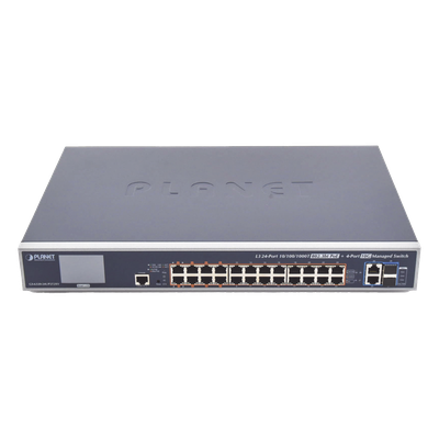 Switch Administrable L3, 24 puertos Gigabit PoE 802.3bt, 2 puertos 10G SFP+, Pantalla Tactil, Fuente Redundante, (600W)
