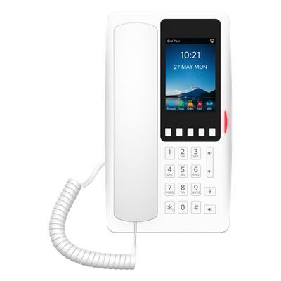Teléfono IP Hotelero Wi-Fi 6 / Pantalla IPS 3.5″ 320×480 / 2 Líneas SIP / 5 Teclas Programables / Puerto USB-A / PoE 802.3af / Audio HD / Diseño Blanco