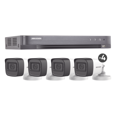 (MICRÓFONO INTEGRADO) KIT TURBOHD 5 Megapixel / DVR 4 Canales / 4 Cámaras Bala con Micrófono Integrado (exterior 2.8 mm) / Fuente de Poder / Accesorios de Instalación