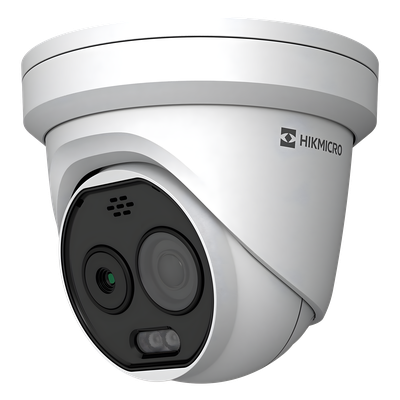 (HIKMICRO) Turret IP Bi-Espectral / Térmica (160 X 120 / 1.8 mm) + Óptica (5 MP / 2 mm ) / Rango: -20°C a 150°C / 8°C Tolerancia / VCA 3.0 (Vehiculo 60 Mts / Humano 20 Mts) / Detección de Fuego y Humo / IP67 / Dual Light /