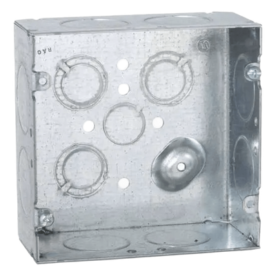 Caja Cuadrada 4 11/16 x 4 11/16″/ Profundidad 2- 1/8″/ Cuenta con 1 Entrada de 1/2″, 8 de 1″ y 3 TKO (1/2″-3/4″).