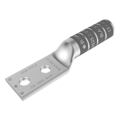 Zapata Terminal de Cobre Electrolítico/ Cañon Largo con 2 Perforaciones para Tornillos de 1/2″ / Cable Calibre 2/0 / Espaciamiento entre orificios de 1 3/4″.