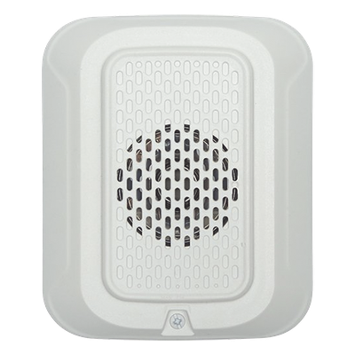 Sonorizador de baja frecuencia de 520 Hz para pared, 24 Vcd, cumple NFPA 72 en áreas de descanso, tonos temporal y continuo, color blanco