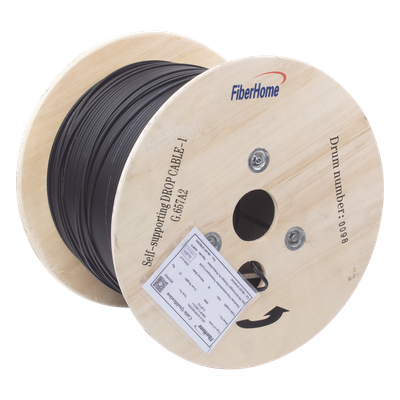 Carrete de 1 km de Fibra Óptica Aérea Mini Figura 8 G.657A2 Tipo Drop, Monomodo de 1 Hilo (Unifibra), Color Negro, Span 80