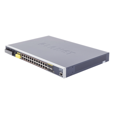 Switch PoE Industrial Capa 3, Con 24 Puertos PoE Gigabit 802.3af/at, 4 Puertos SFP Compartidos 100 / 1000X, Soporta temperaturas extremas de -40 ~ 75°C