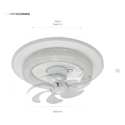 Ventilador de Techo con Luminario LED de 110 V CA 50/60 Hz / 88 W / 3 Tonos de Luz (6500 – 4 000 – 2 700 K) / Con giro 360° / Diámetro 495 mm / 6 Velocidades / Dimeable.