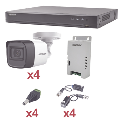 KIT TurboHD 1080p / DVR 4 Canales / 4 Cámaras Bala (exterior 2.8 mm) / Transceptores / Conectores / Fuente de Poder Profesional