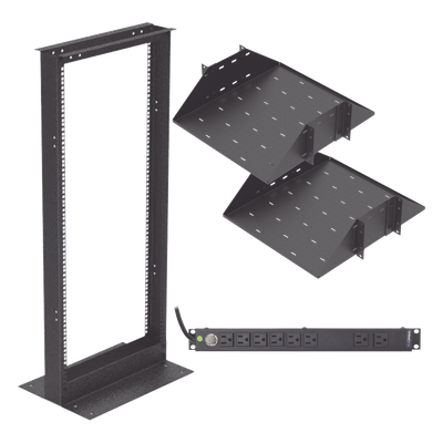 Kit de Rack Estándar 19″, 24 UR con 2 Charolas  y PDU (8 tomas). Ideal para UPS y Servidores tipo Torre.