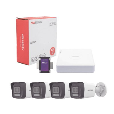 Kit IP 4 Megapixel / NVR de 4 Canales con 4 Puertos PoE / 4 Cámaras IP Bala Dual Light (IR + Luz Blanca) con Microfono Integrado y ACUSENSE Lite para Exterior/ Bobina de Cable de 100 mts / SSD de 1 TB