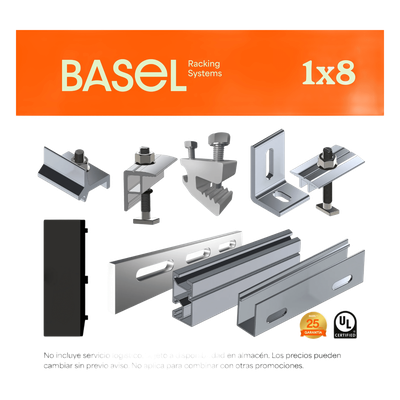 Sistema de Montaje Solar BASEL / Flat Roof Single Row / 8 Módulos / 140 km/h Viento / Riel N-S 2.14 m / Inclinación 15°