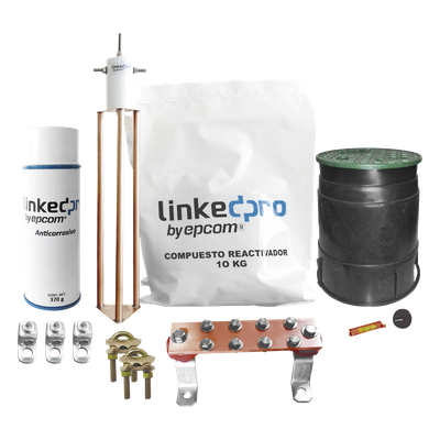 Kit Puesta a Tierra 30A / Electrodo Cobre Electrolítico / Diseño Delta / Filtro Equipotencial / Compuesto 12 kg / Barra Unión + Conectores + Registro
