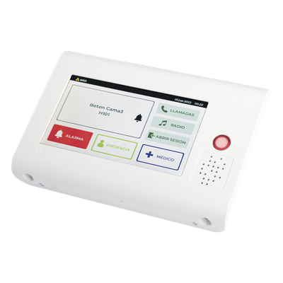 Terminal Inteligente para Habitación Hospitalaria / Pantalla Táctil 7″ / RFID 125 kHz / VoIP SIP / PoE IEEE 802.3af / Bus RS485 / Carcasa Antibacteriana