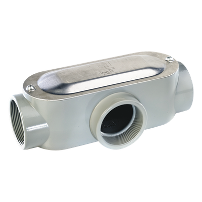 Caja oval roscada tipo T de 1 1/4″ (31.8 mm) incluye tapa y tornillos.