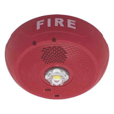 Sirena con estrobo LED de 2 hilos para techo, 24 Vcd, candela seleccionable hasta 177 cd, puntos de prueba DVM, color rojo