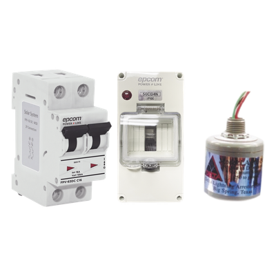 Kit de Centro de Carga Para Corriente Directa, Breaker de hasta  800 Vcc de 63 A con Supresor de Descargas Atmosféricas.