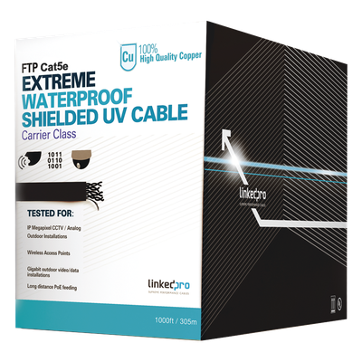 Cable UTP Categoría 5e para Exterior / 24AWG 4 Pares / Conductor Cobre Desnudo / Cubierta LDPE Negra Resistente a Rayos UV / Relleno Anti-Humedad PE Tap Compound / Soporte PoE IEEE 802.3at y Gigabit Ethernet / 1000 ft (304.8 m)