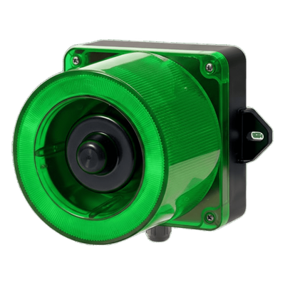 Combinación de baliza LED color Verde y sirena electrónica de 31 tonos resistente a la intemperie de volumen máx. 123 dB a 110-220 VCA