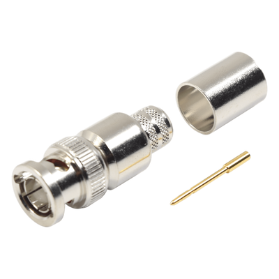 Conector BNC Macho de 75 Ohm, Anillo Plegable, para Cable 8238, RG-11/U, Níquel/ Oro/ Teflón.