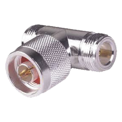 Adaptador en T, de Conector N Macho a Doble N Hembra, Plata/ Oro/ Teflón.