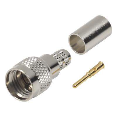 Conector Mini-UHF Macho, 50 Ohm de Anillo Plegable para  LMR-240, RG-8/X, 9258, Niquel/ Oro/ Delrin.