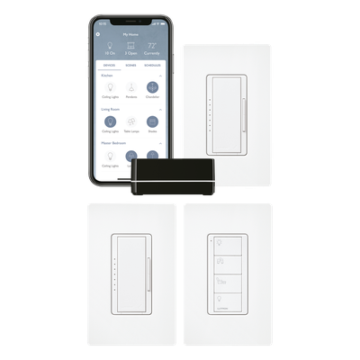 Kit de inicio RA2 Select con repetidor principal, 2 atenuadores de pared, control Pico con adaptador de pared y 3 placas de pared, para control inteligente de iluminación
