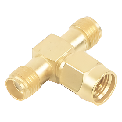 Adaptador en T, de Conector SMA Macho a Doble SMA Hembras, Oro/ Oro/ Teflón.