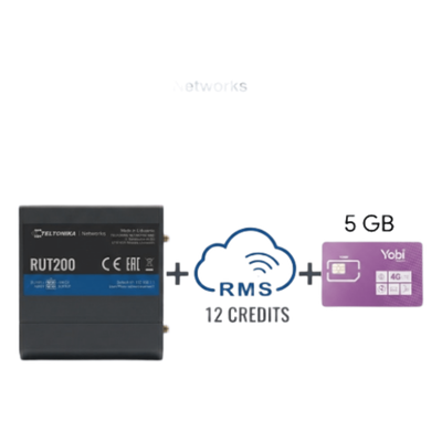 Router Teltonika LTE/4G RUT200 + 12 creditos RMS + SIM de YOBI de 5GB por Mes durante un año de servicio (solo datos)