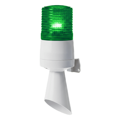 Luz LED con patrones de destello fijo y destellante con buzzer incorporado de alto volumen Máx. 95 dB color Verde 24 VCD