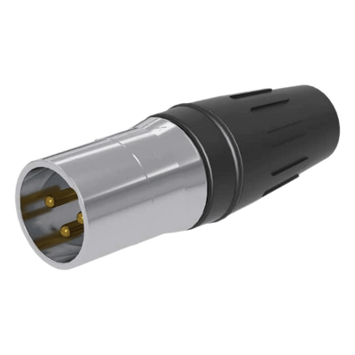 CONECTOR MACHO XLR DE 3 NÚCLEOS CON CARCASA DE ACERO INOXIDABLE Y CONTACTOS CHAPADOS EN ORO