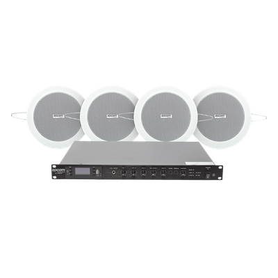 KIT de Amplificador de 120W para Rack | 4 Altavoces de Plafón de 4in | 3 – 6W | Sistema 70/100V