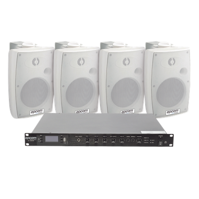 KIT de Amplificador de Audio 120W para Rack | 4 Altavoces de Pared color Blanco 2.5W – 20W | Sistema 70/100V