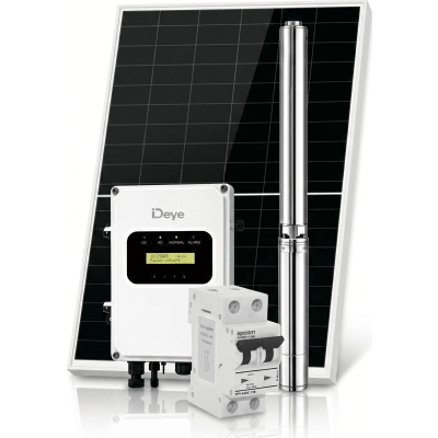 Kit de Bombeo Solar 3000W (4 HP) / Bomba Sumergible con Controlador Híbrido AC/DC 136-264VAC / 108-403VCD / 6 Módulos Solares 540W / Interruptor Termomagnético 2P 20A 800V CC / Protector de Descargas Atmosféricas / Gabinete IP6