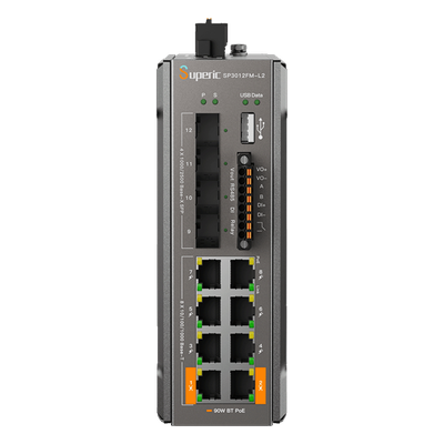 Switch de Red SP3012FM-L2(V3) / 8 Puertos 10/100/1000Mbps PoE / 4 Puertos SFP 1000M/2.5Gbps / Capacidad de Conmutación 36Gbps / Presupuesto PoE 240W / Alimentación Dual DC / Instalación DIN-rail, Pared o Escritorio / Certificaciones CE, FCC, RoHS, UKCA