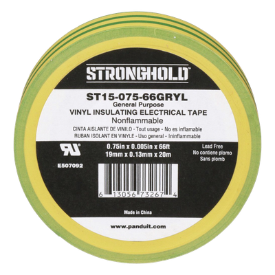 Cinta Eléctrica STRONGHOLD para Aislar, de PVC, Uso Construcción General en Tierras Físicas, Grosor de 0.13 mm (5 mil), Ancho de 19.05 mm, y 20.12 m de Largo, Color Amarillo/Verde.