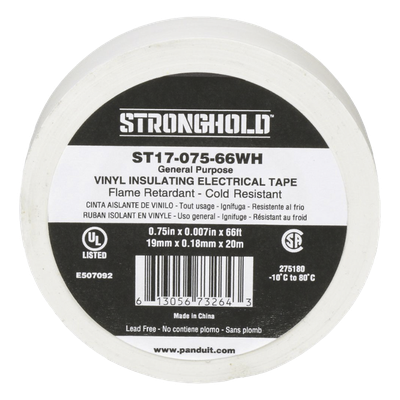 Cinta Eléctrica STRONGHOLD para Aislar, de PVC, Uso General Reparación y Mantenimiento, Grosor de 0.18mm (7 mil), Ancho de 19mm, y 20.12m de Largo, Color Blanco