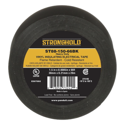 Cinta Eléctrica STRONGHOLD para Aislar, de PVC, Trabajo Pesado Eléctrico Industrial (Soporta UV, abrasión, agua, aceite y corrosión), Grosor de 0.21 mm (8.5 mil), Ancho de 38 mm, y 20 m de Largo, Uso Interior/Exterior, Color Ne