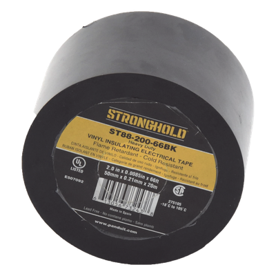 Cinta Eléctrica STRONGHOLD Para Aislar, de PVC, Trabajo Pesado Eléctrico (UV, abrasión, aceite, corrosión), Grosor 0.21 mm (8.5 mil), Ancho 50 mm, y 20 m Largo, Uso Int./Ext., Color Negro. Superior a cinta Super 33
