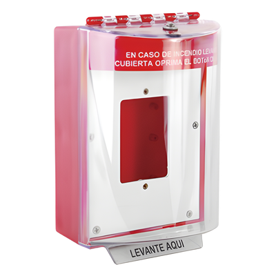 Cubierta Universal De Policarbonato Con Espaciador y Placa De Montaje Interna, Texto De Incendio En Español, Interior/Exterior, Serie Universal Stopper®
