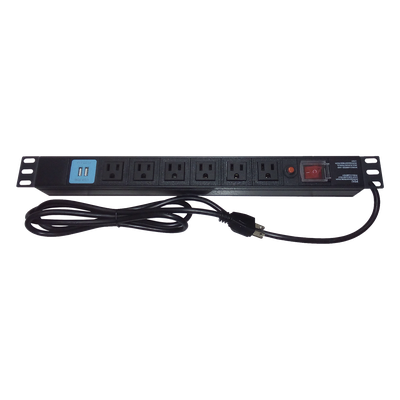 Tomacorriente Horizontal (PDU) de 6 contactos (NEMA 5-15R) + 2 USB para instalación en Rack de 19″, 1UR, 125 Vca/ 15 A (THE0040091001001)