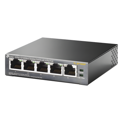 Switch PoE no Administrable de escritorio / 5 puertos 10/100 Mbps / 4 puertos PoE af/at / Presupuesto 67 W / Modo Extensor hasta 250 m / Calidad video prioritaria