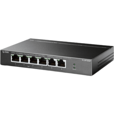 Switch PoE no Administrable de escritorio / 6 puertos 10/100 Mbps / 4 puertos PoE af/at / Presupuesto 67 W / Modo Extensor hasta 250 m / Calidad video prioritaria