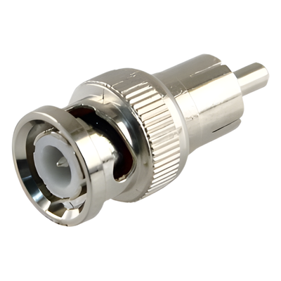 Adaptador en Línea para 75 Ohm, de Conector BNC Macho a RCA Macho en Aplicaciones de Audio-Video para Cámaras, Monitores y DVR’s.