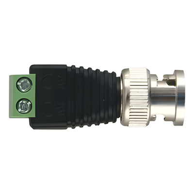 Adaptador de conector BNC macho a 2 terminales-tornillo para cables AWG-26-14, en aplicaciones Video Vigilancia, Níquel/ Oro/ PTFE y PVC.