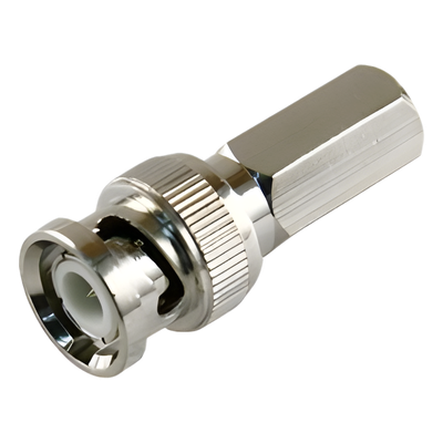 Conector BNC Macho de Ensamble Roscable (Hex.) en Sentido de las Manecillas de Reloj para Cable Coaxial RG-59/U, Níquel/ Oro/ Delrin.