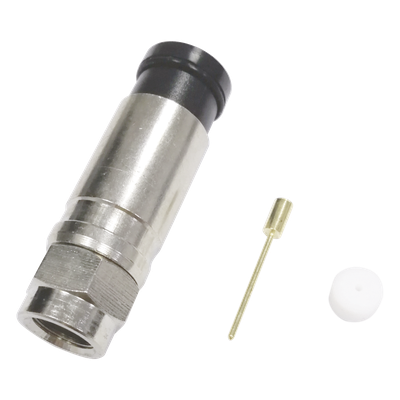 Conector F Macho de Compresión Axial con Borne Negro para instalar en Cable Coaxial RG-11, 75 Ohm, Bronce-Niquelado.