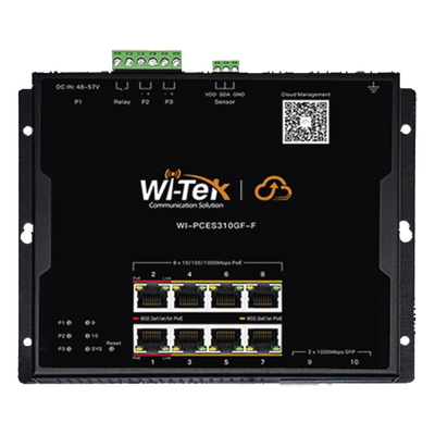 Switch L2 PoE Industrial / Administración Cloud Gratuita / 8 Puertos PoE af/at/bt 10/100/1000 Mbps / 2 Puertos SFP Gigabit / Máx Presupuesto PoE 145 W / Montaje Magnético – Riel DIN.