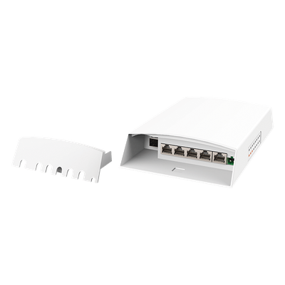 Switch CCTV PoE para Exterior / No administrable / PoE Entrada 802.3 bt Hasta 60W / 1 Puerto PoE salida 24V pasivo Hasta 12W /  3 puertos PoE 802.3 at Hasta 30W /  Ideal para Aplicaciones CCTV con Enlaces Inalámbricos