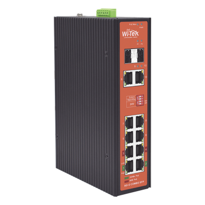 Switch PoE Industrial No administrable / Puertos 1-2 PoE 802.3 af/at y PoE 24 Vcc Pasivo 30W / Puertos 3-4 PoE 802.3 af/at/bt Hasta 60W / Puertos 5-8 PoE 802.3 af/at Hasta 30W / Los 8 puertos son Gigabit + 2 SFP combo / Presupuesto 300W