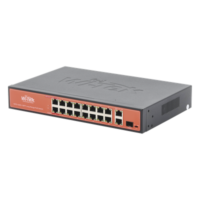 Switch PoE (802.3af/at/bt) / No administrable de largo alcance / Hasta 250m / 16 x 10/100Mbps (PoE) + 2 x 100/1000Mbps + 1 x SFP / 200 W